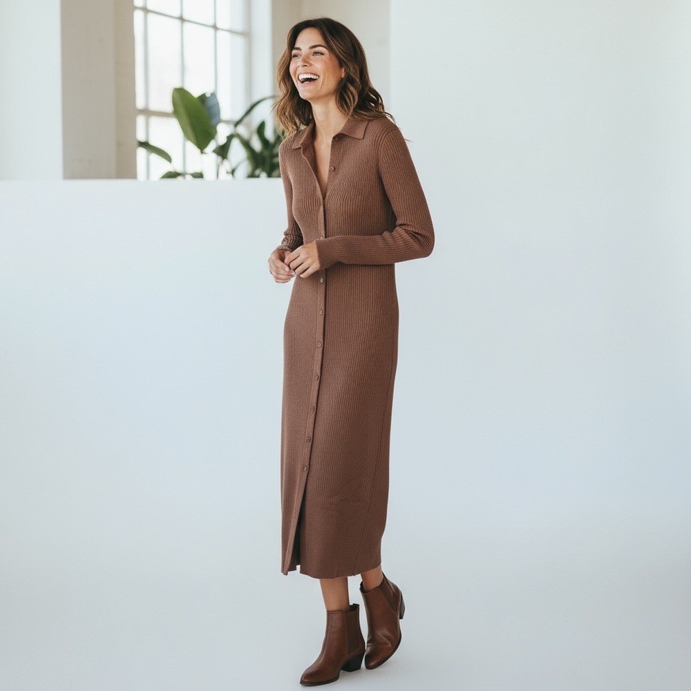 French Connection Ribbed Button-Up Cardigan Dress - Picture 2 of 7